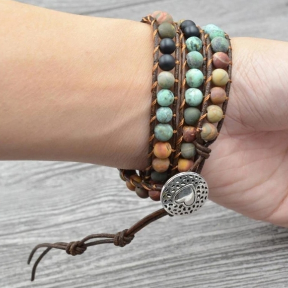 Bohemian wrap bracelet real stone leather multi layer woven skater Hippie good v - Picture 4 of 7